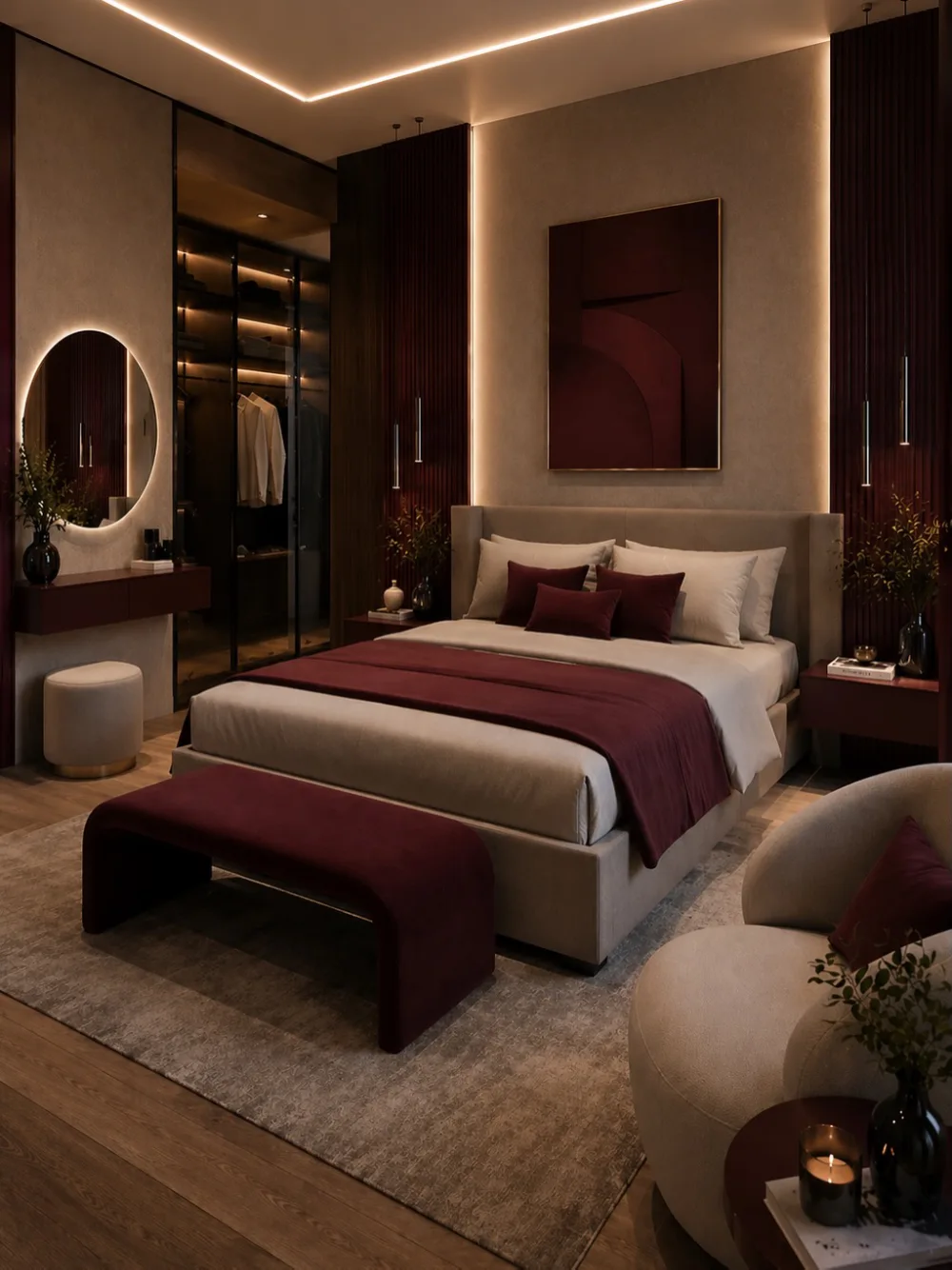 Modern bedroom with burgundy accent panels, a taupe upholstered bed, wine-red bedding, dark wood details, and warm recessed lighting