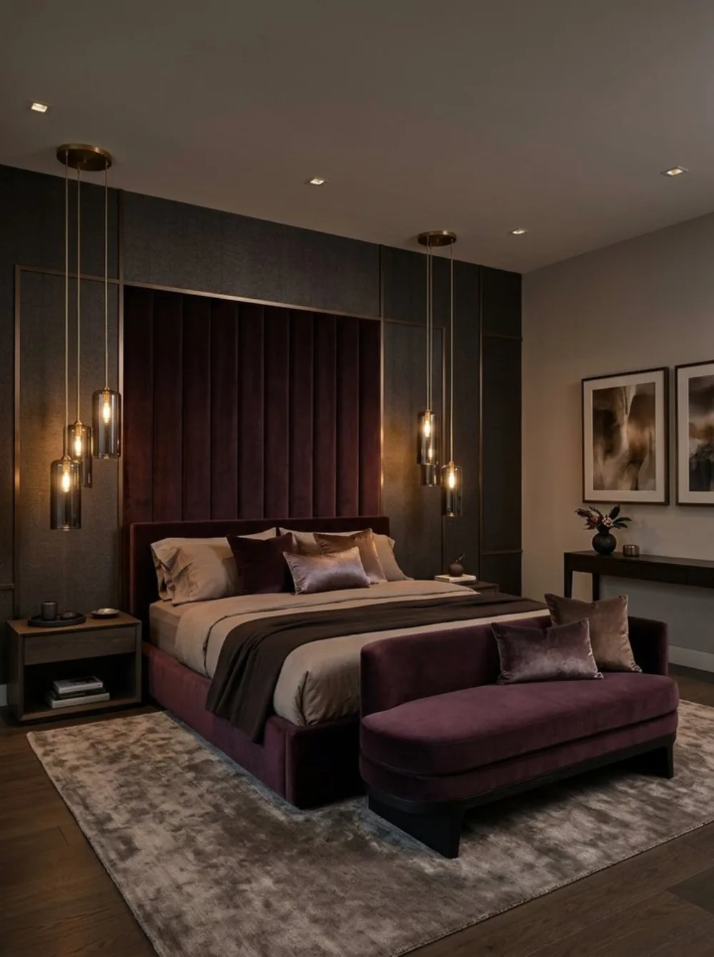 Contemporary burgundy bedroom with a dark charcoal paneled accent wall, plum upholstered headboard, neutral bedding, and a matching velvet bench