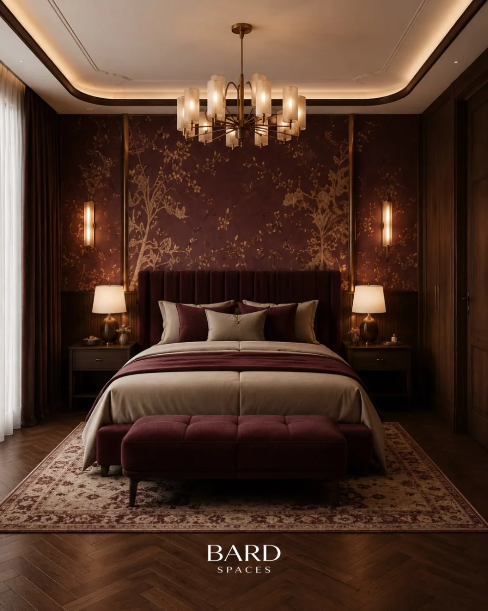 Elegant burgundy bedroom with floral wallpaper, a tall plum velvet headboard, beige bedding, matching upholstered bench, and warm brass lighting