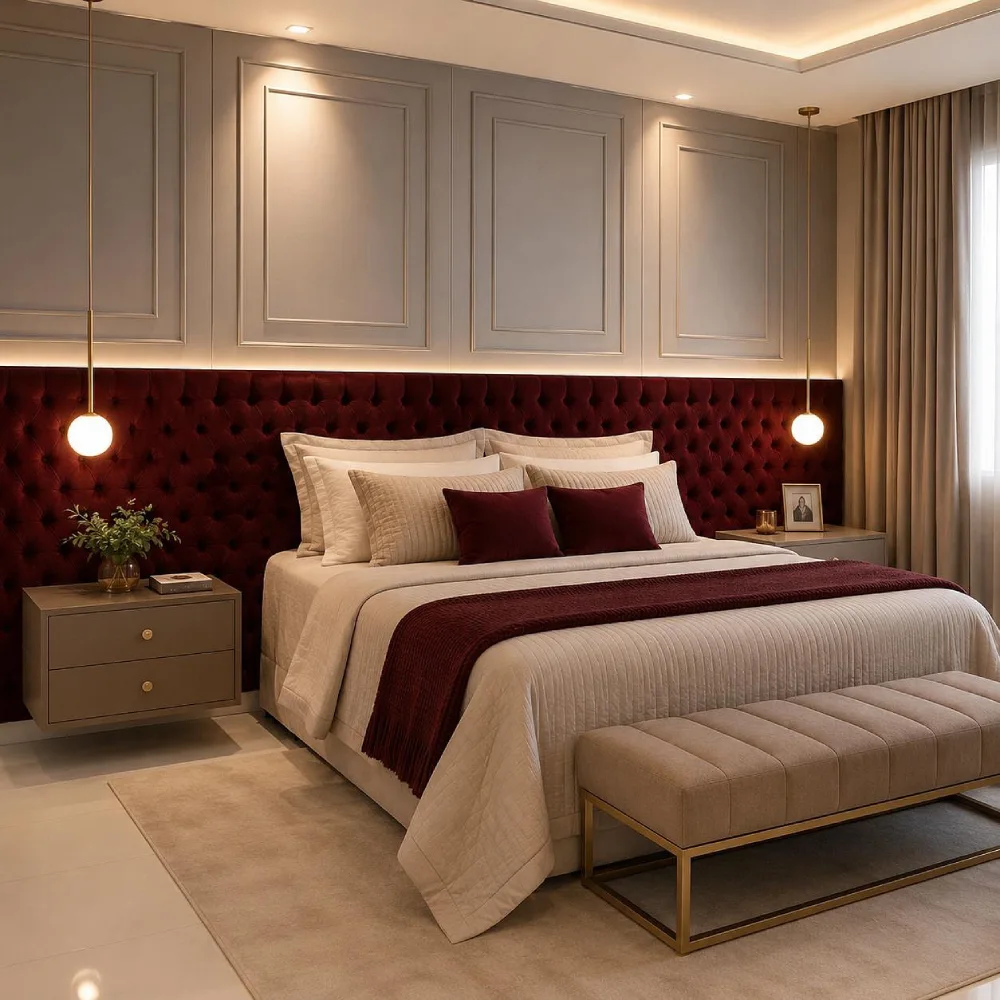 Elegant beige bedroom with a deep burgundy tufted headboard, cream bedding, matching bedside tables, and warm pendant lighting
