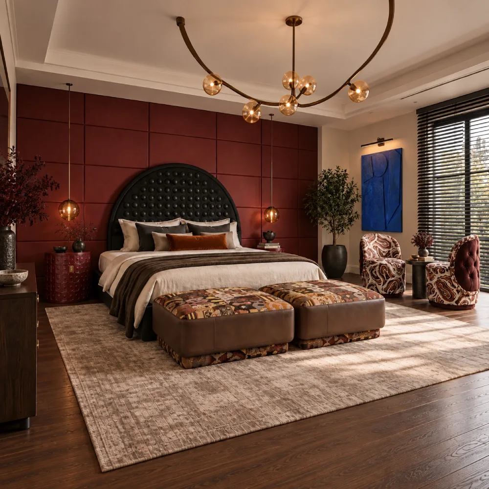 Modern bedroom featuring terracotta red paneled walls, a black rounded headboard, neutral bedding, patterned ottomans, and warm brass lighting