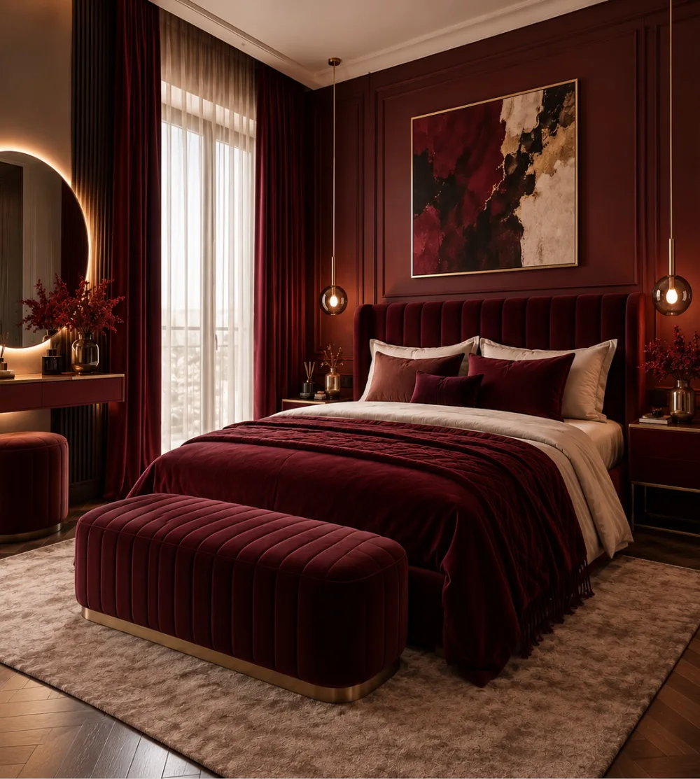 Luxurious bedroom with deep burgundy paneled walls, a burgundy velvet bed and bench, cream pillows, and warm pendant lighting