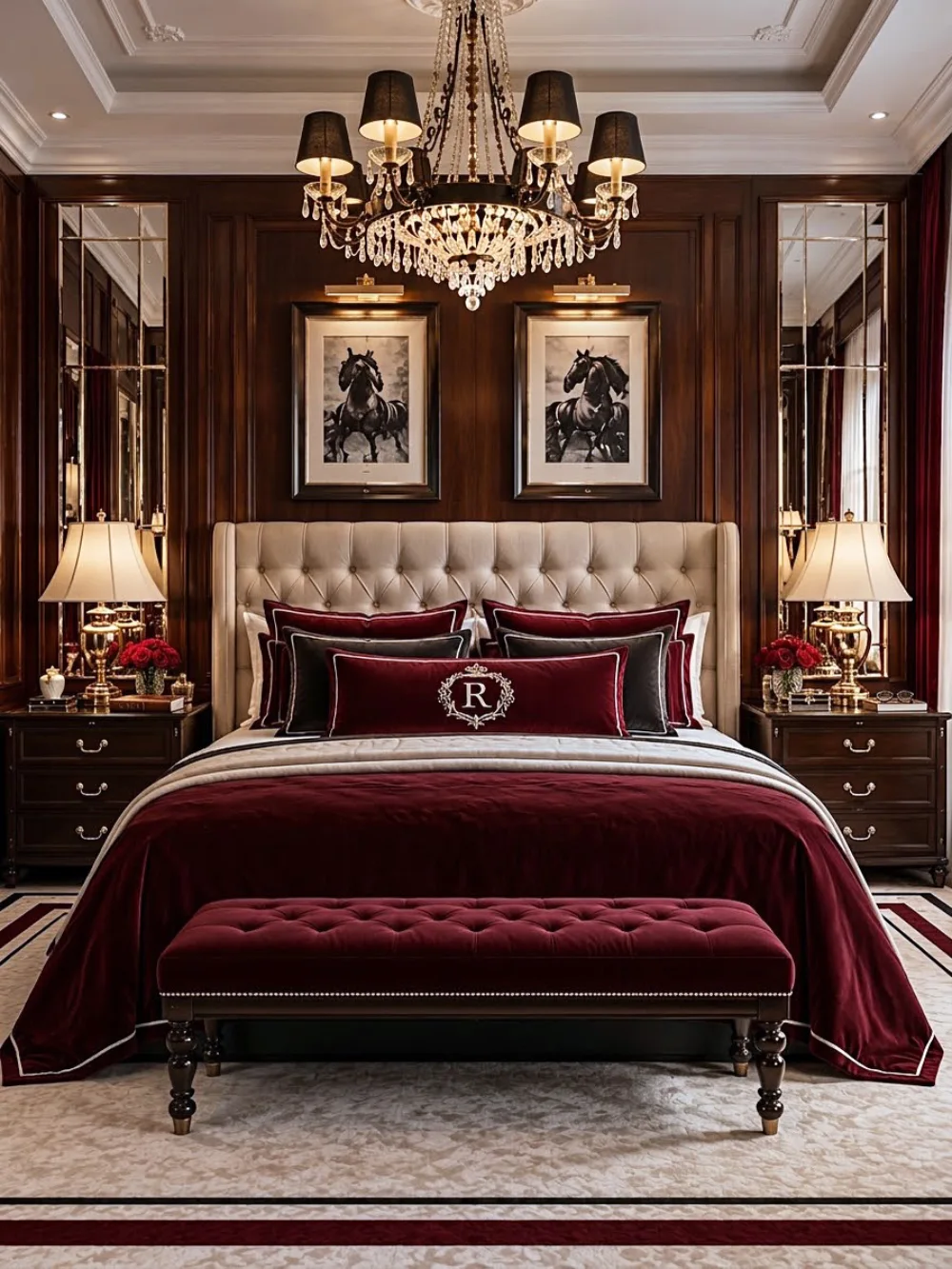 Traditional luxury bedroom with dark mahogany wall paneling, a cream tufted headboard, burgundy bedding, crystal chandelier, and matching bedside tables