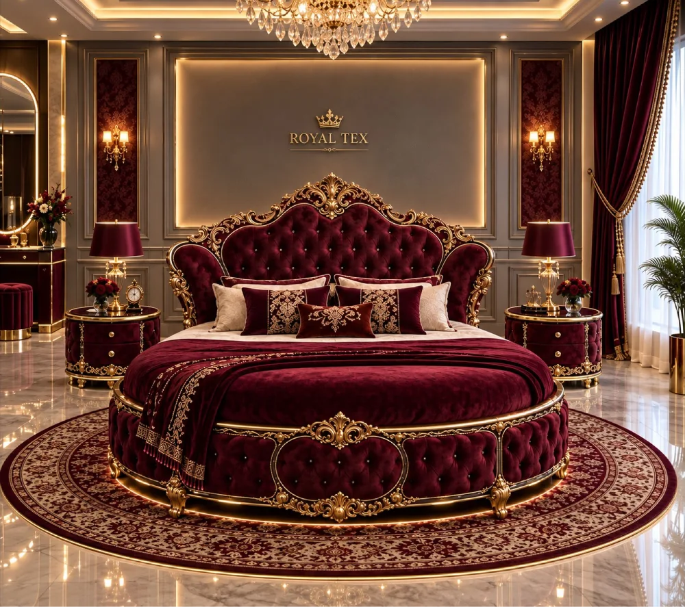 Luxurious burgundy bedroom with a round tufted bed, ornate gold trim, velvet bedding, crystal chandelier, and patterned rug