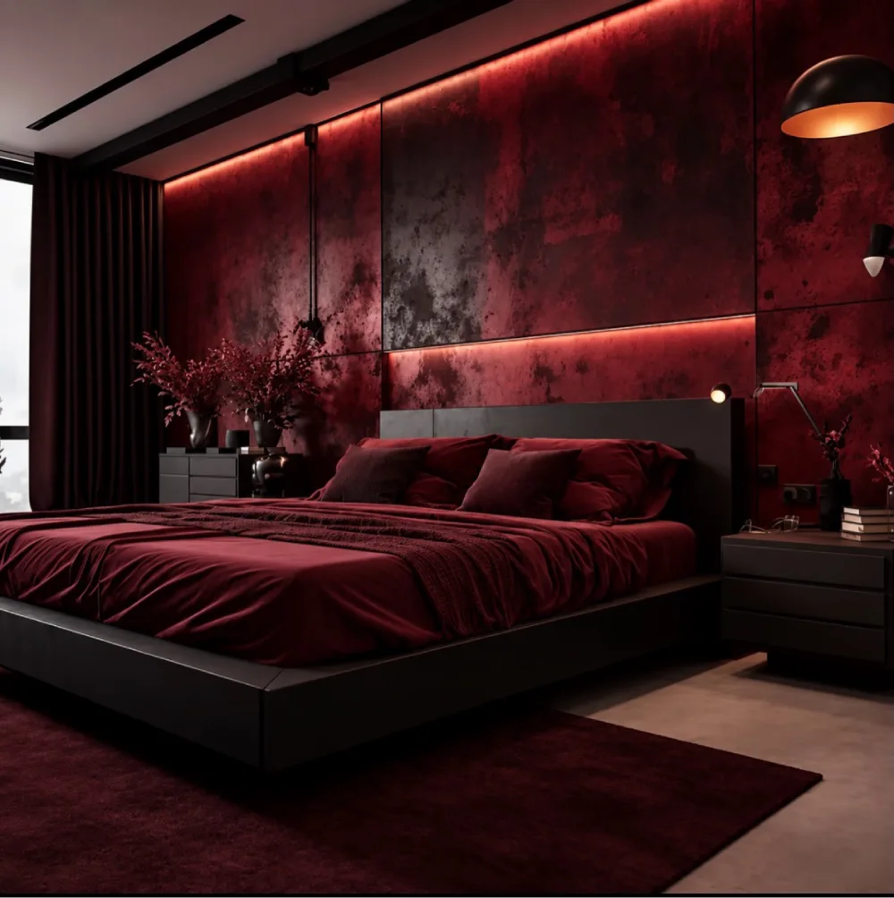 Modern bedroom with a textured burgundy accent wall, black platform bed, matching velvet bedding, dark furniture, and warm LED lighting