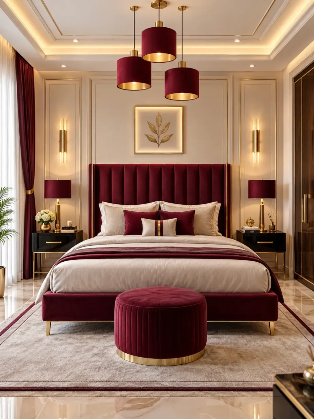 Elegant burgundy bedroom with a tall velvet headboard, cream bedding, gold lighting, matching burgundy curtains, and a round upholstered ottoman