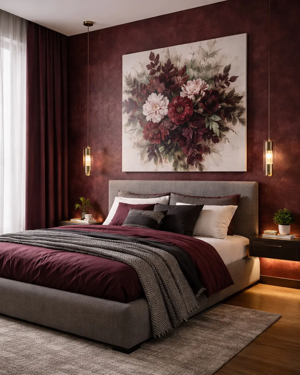 Moody burgundy bedroom with textured wine-red walls, oversized floral artwork, charcoal upholstered bed, and burgundy and black bedding