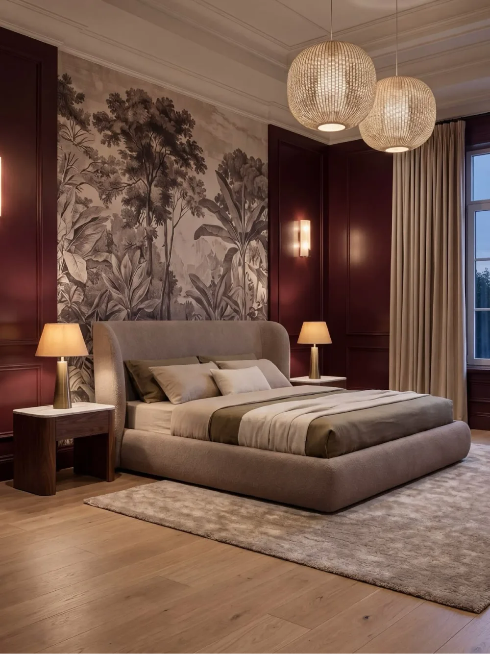 Burgundy bedroom with dark red paneled walls, botanical wallpaper, a taupe upholstered bed, and warm woven pendant lights