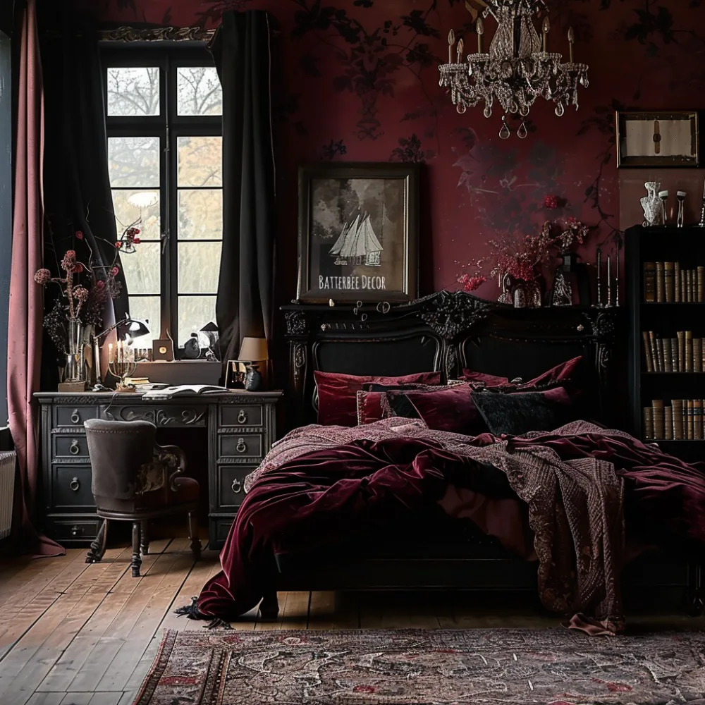 Dark romantic bedroom with burgundy floral wallpaper, black carved furniture, velvet wine-red bedding, and a crystal chandelier