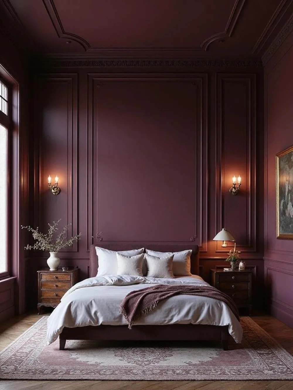 Classic burgundy bedroom with decorative paneled walls, white bedding, a dark upholstered bed, antique wooden nightstands, and warm wall sconces