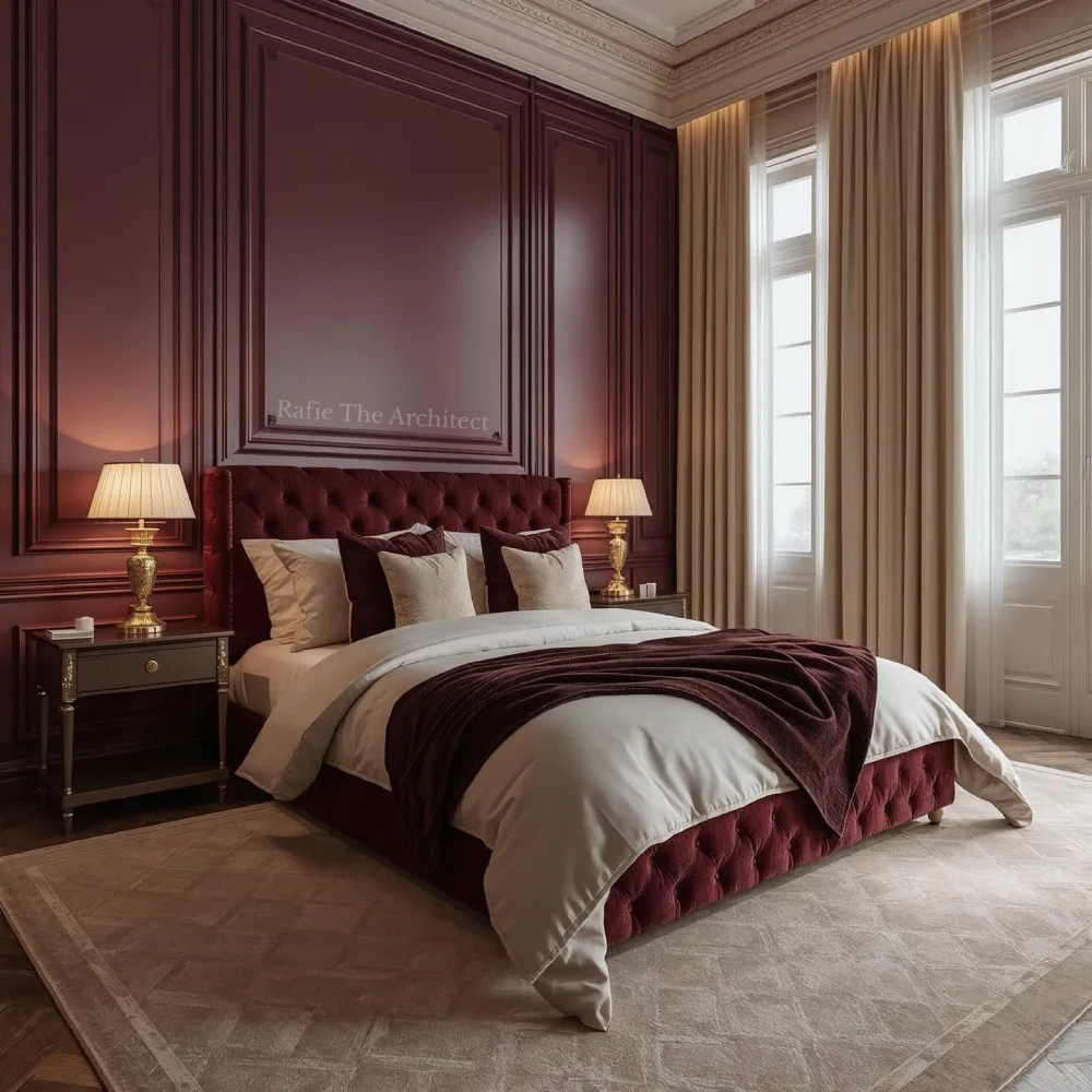 Elegant burgundy bedroom with paneled wine-red walls, a tufted burgundy headboard, cream bedding, gold table lamps, and beige curtains