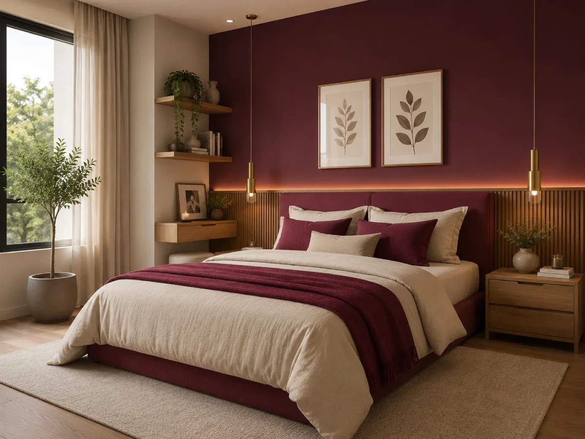 Burgundy bedroom with a wine-red accent wall, upholstered headboard, cream bedding, walnut wood accents, and warm pendant lighting.