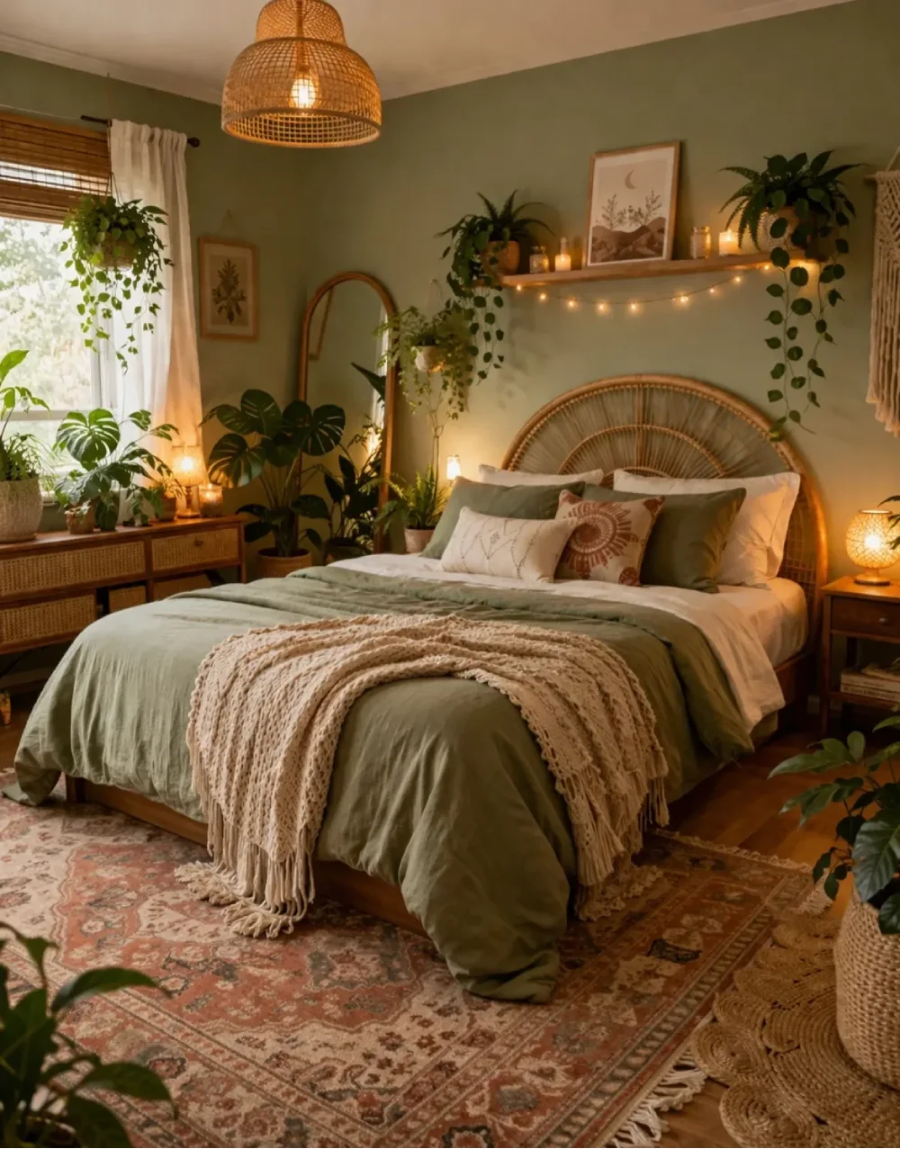Bohemian olive green bedroom with sage bedding, a curved rattan headboard, hanging plants, woven pendant lighting, and layered vintage rugs.