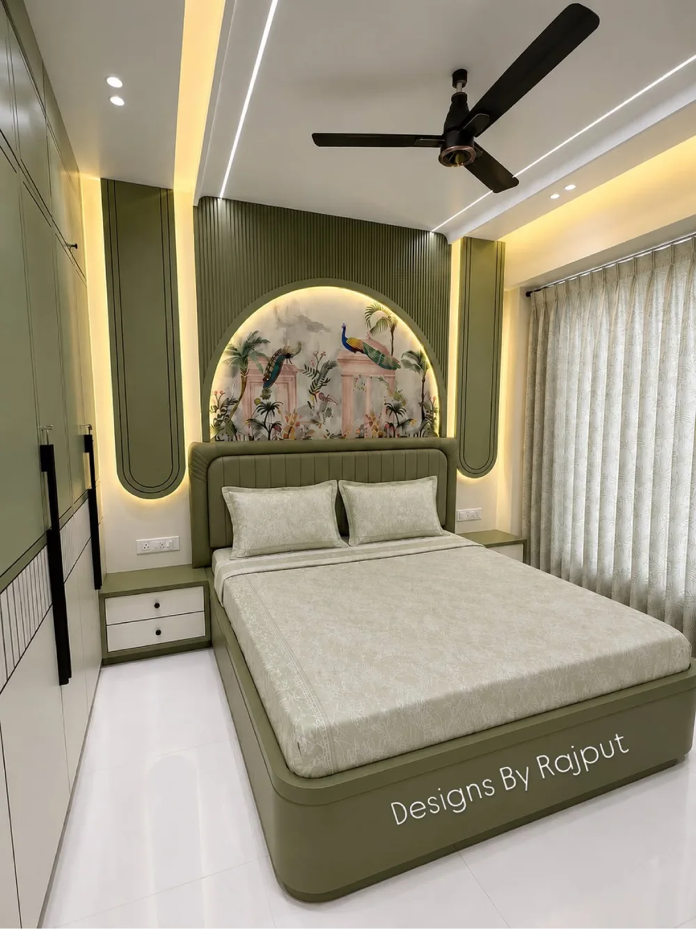 Modern olive green bedroom with an upholstered bed, arched decorative wall niche, and warm LED lighting