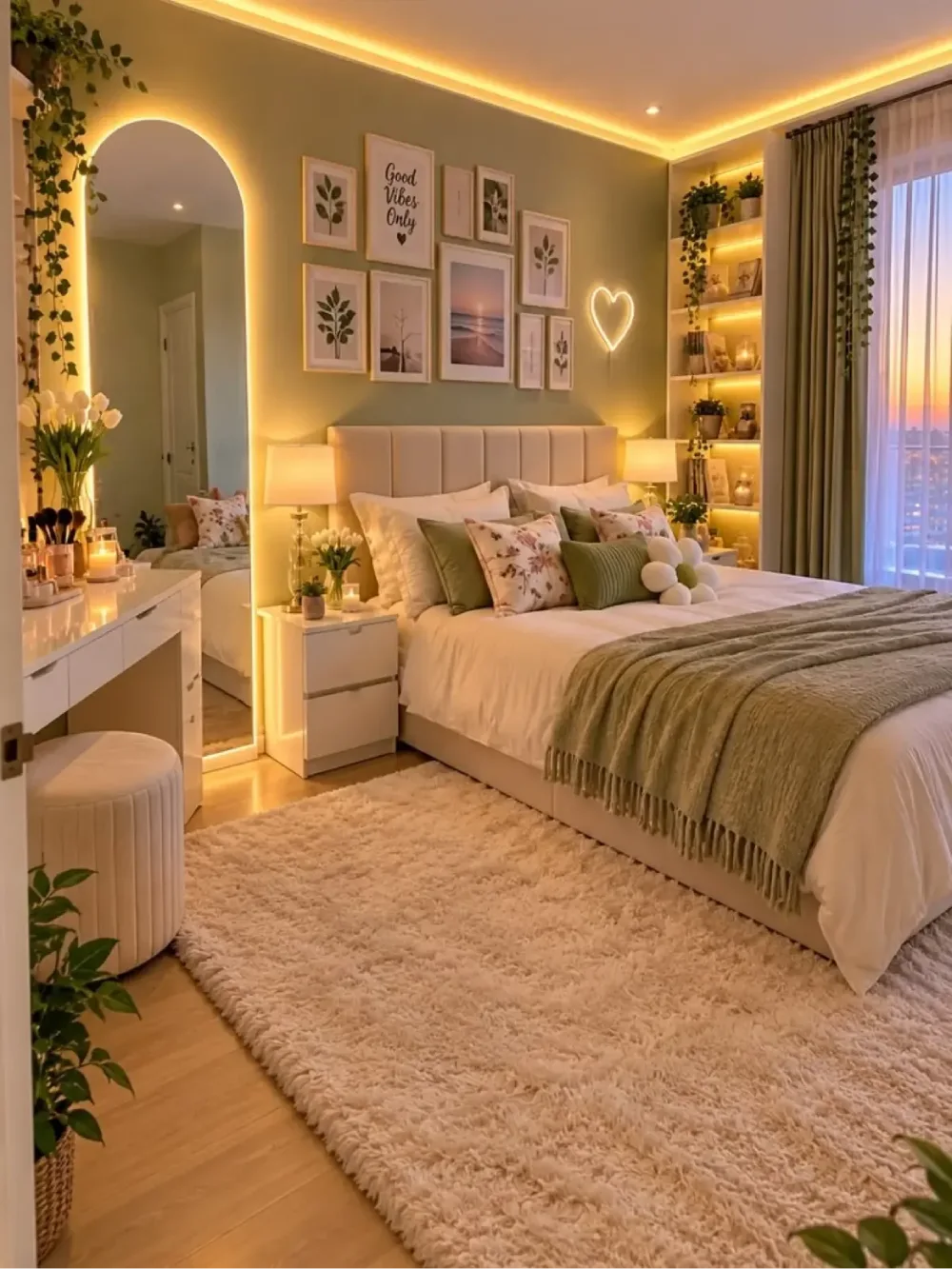 Sage green bedroom with cream bedding, botanical wall art, warm lighting, and a plush neutral rug