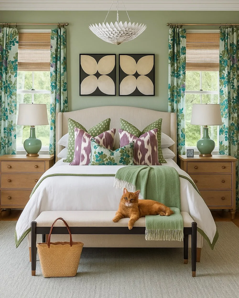 Sage green bedroom with botanical curtains, patterned accent pillows, a cream headboard, and matching green lamps