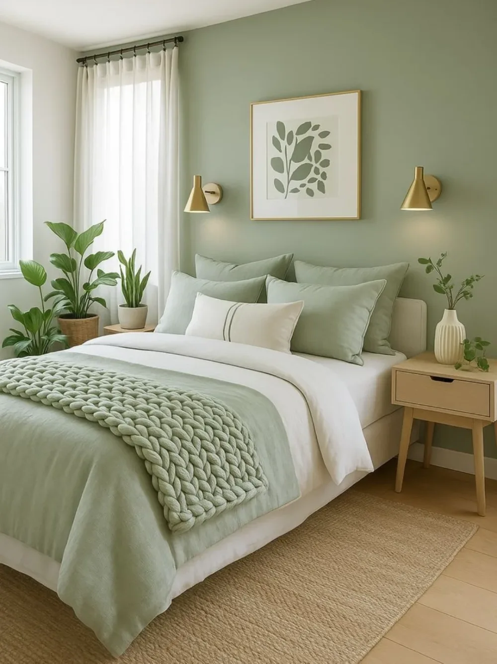 Sage green bedroom with chunky knit bedding, white pillows, gold wall sconces, and natural wood furniture