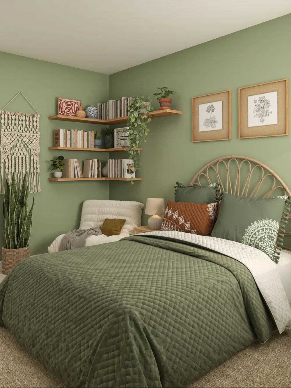 Boho bedroom with sage green walls, rattan headboard, quilted olive bedding, floating wooden shelves, and woven wall decor