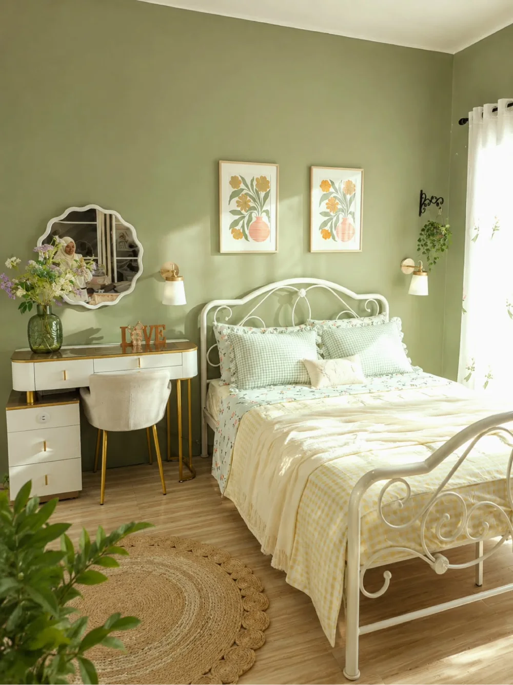 Light green vintage bedroom with a white wrought iron bed, floral bedding, gold wall sconces, and a round braided jute rug