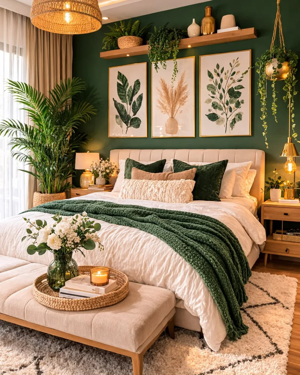 Emerald green bedroom with botanical artwork, cream bedding, natural wood accents, and leafy plants
