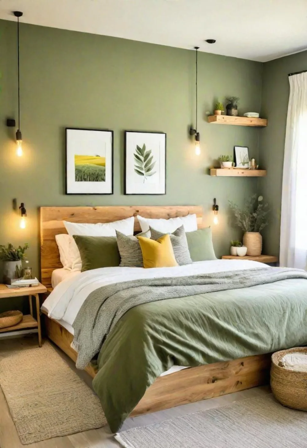 Sage green bedroom with vertical paneling, neutral bedding, botanical wall art, and natural wood furniture