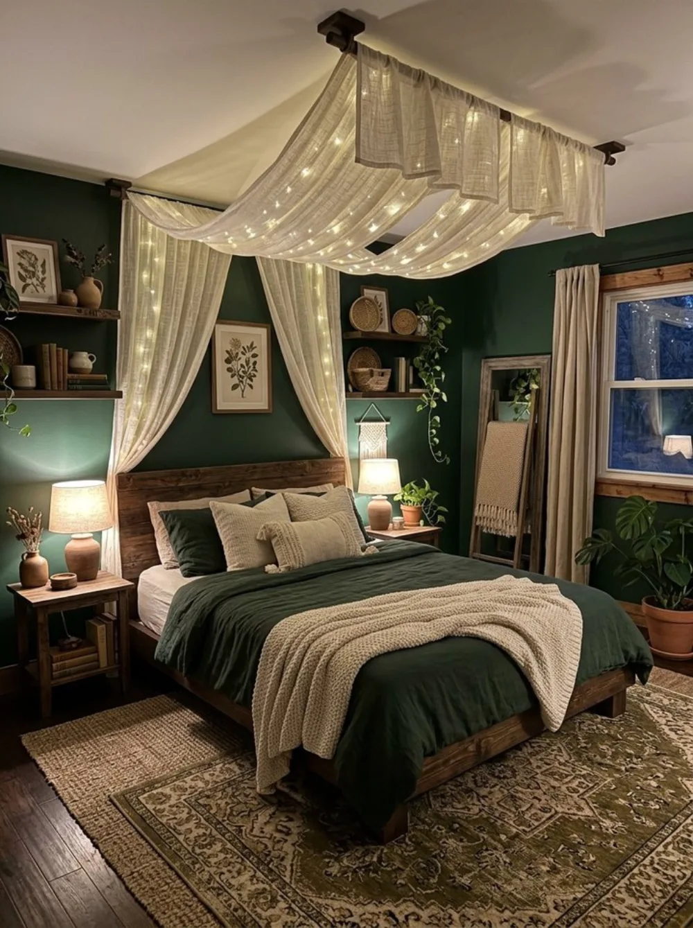 Bedroom with olive green bedding, a rustic wooden bed frame, botanical prints, and warm pendant lighting