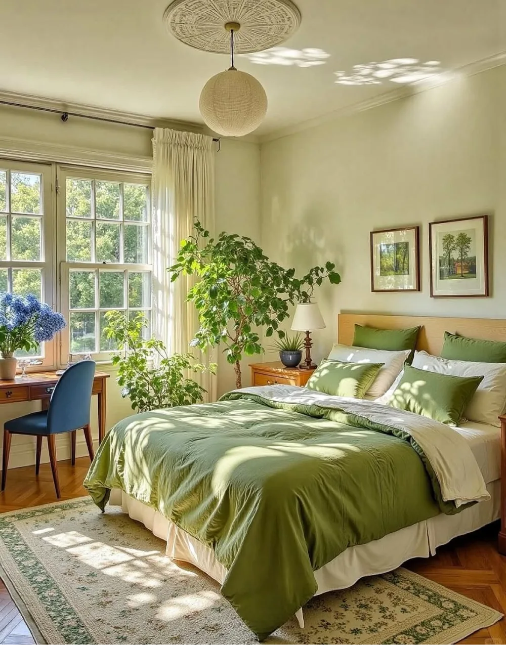 Light-filled bedroom with soft green bedding, cream walls, wooden furniture, and indoor plants