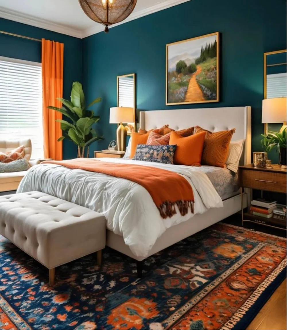 Deep teal bedroom walls with burnt orange curtains and pillows, white bedding, warm wood nightstands, and colorful patterned rug.
