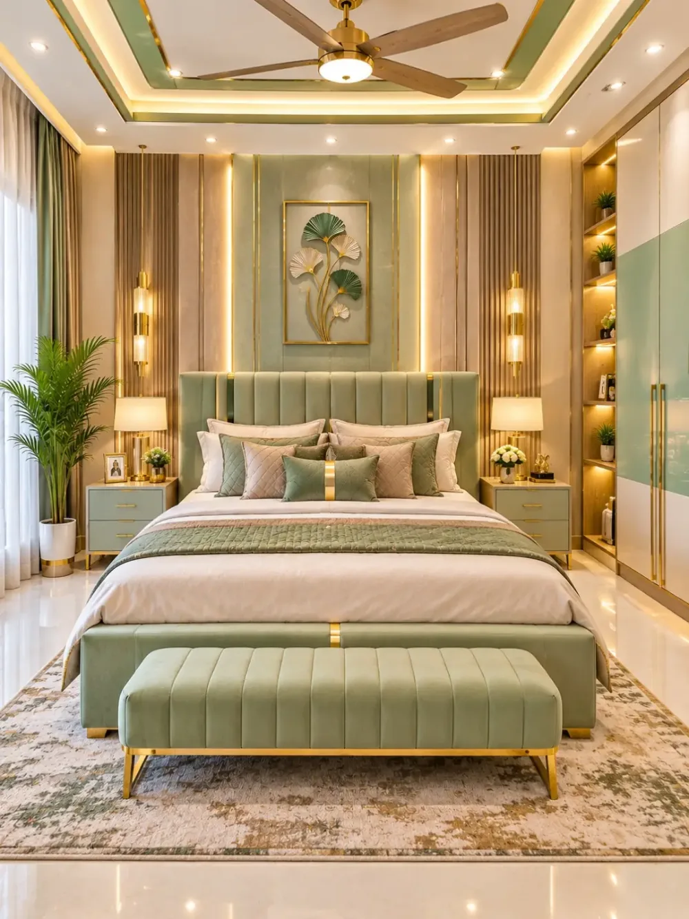 Luxurious sage green bedroom with a tufted upholstered bed, gold accents, warm vertical wall panels, soft neutral bedding, and a matching bench.
