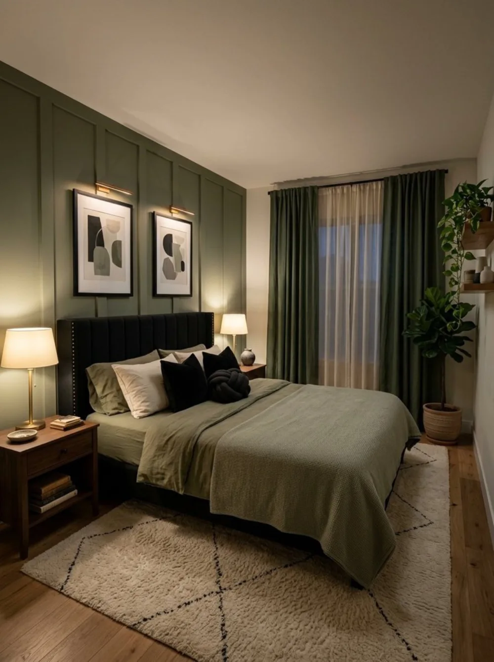Moody olive green bedroom with paneled walls, dark upholstered headboard, olive bedding, black pillows, warm bedside lamps, and dark green curtains.
