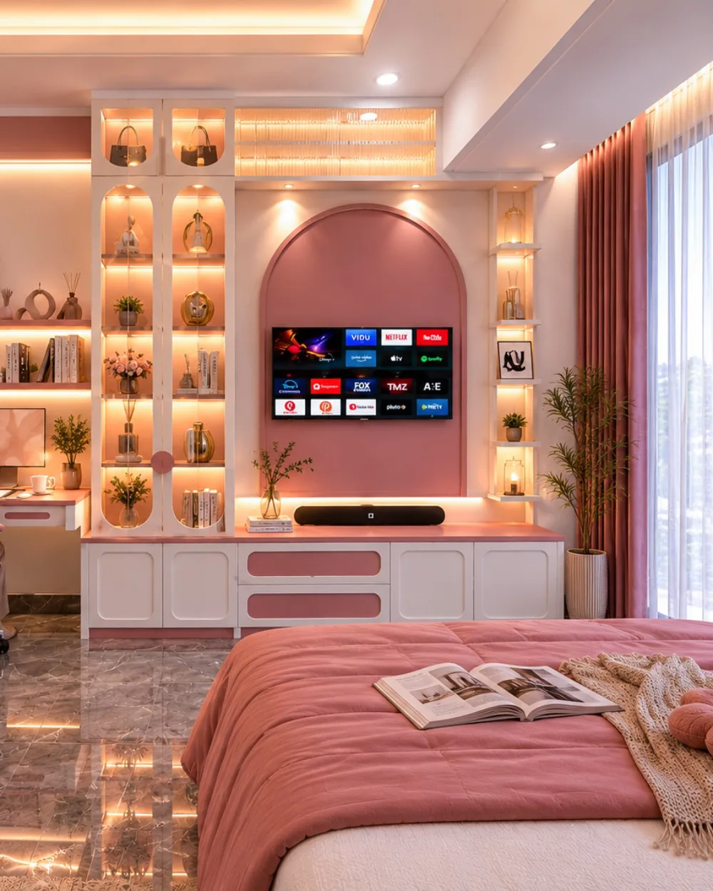 Pink and white bedroom with a built-in TV wall, illuminated display shelves, rose-colored bedding, and warm LED lighting