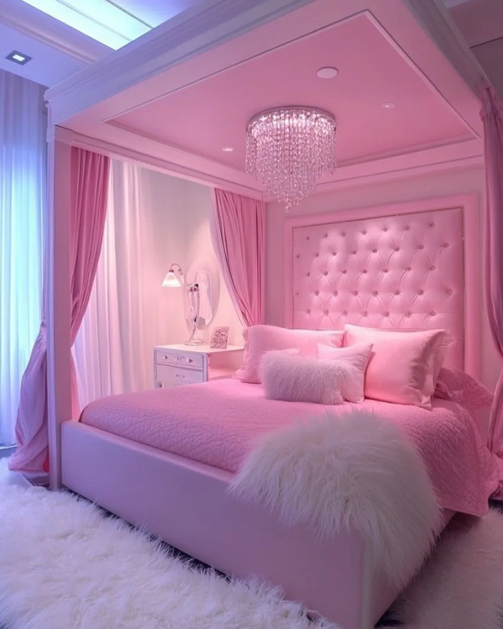 Pink bedroom with a canopy bed, tufted headboard, crystal chandelier, and soft pink bedding