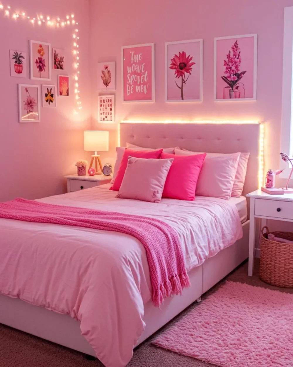 Pink bedroom with warm fairy lights, floral wall art, pink pillows, and cozy bedding