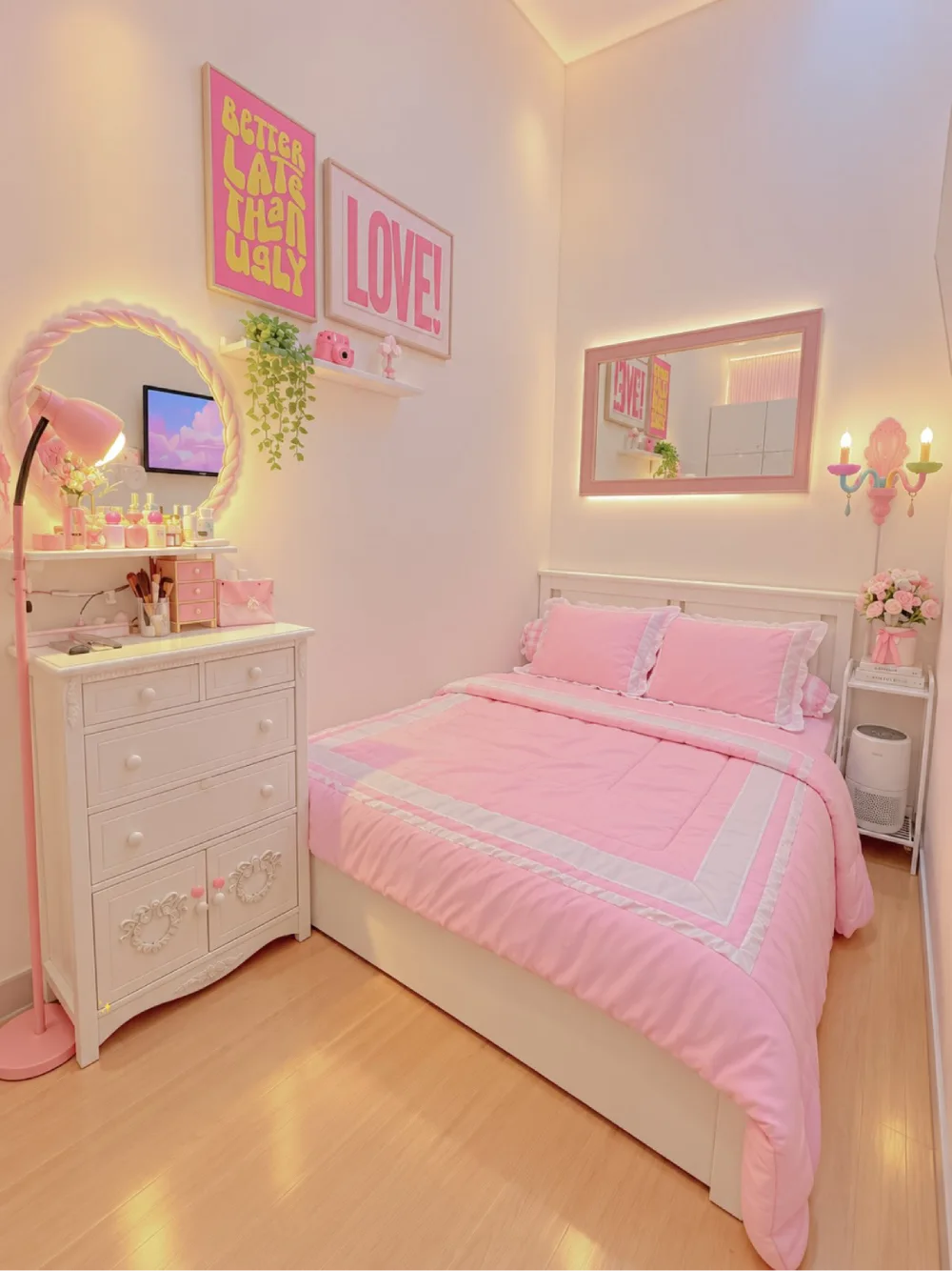 Soft pink bedroom with white furniture, pink bedding, a decorative vanity mirror, and warm lighting