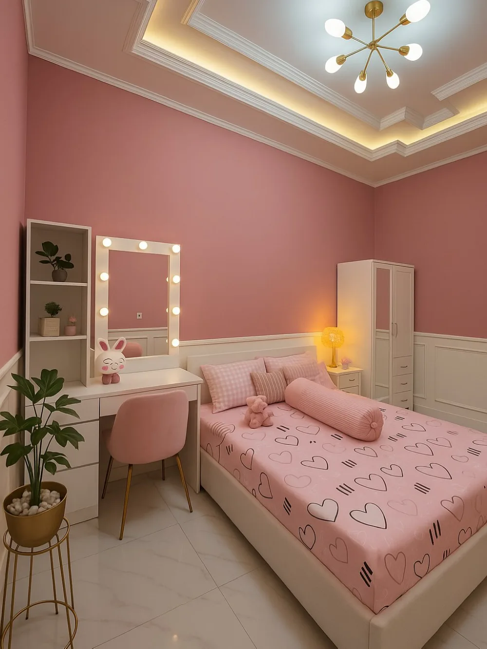 Blush pink bedroom with a cozy vanity corner