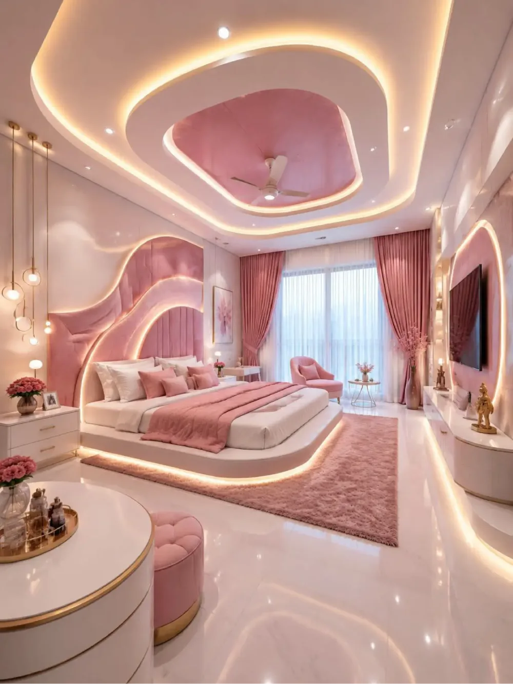 Modern pink bedroom with curved LED lighting