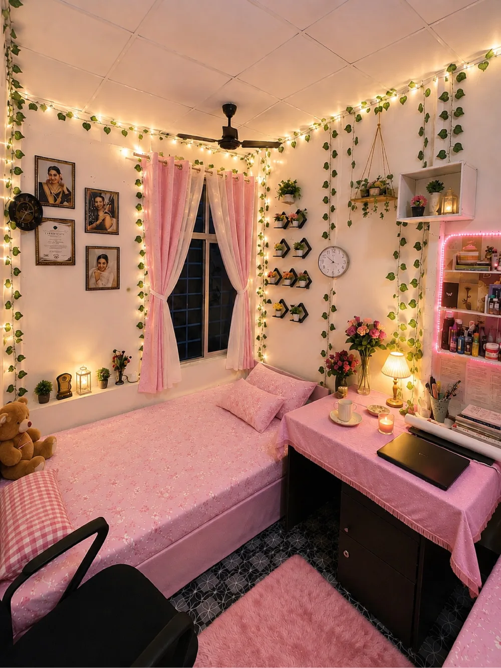 Pink bedroom with fairy lights and hanging greenery