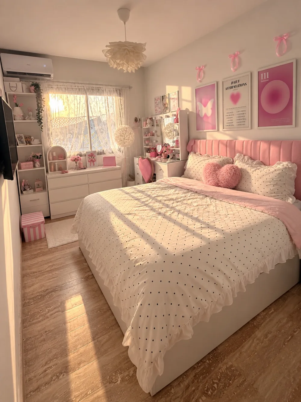 Romantic pink and white bedroom with a heart-shaped pillow