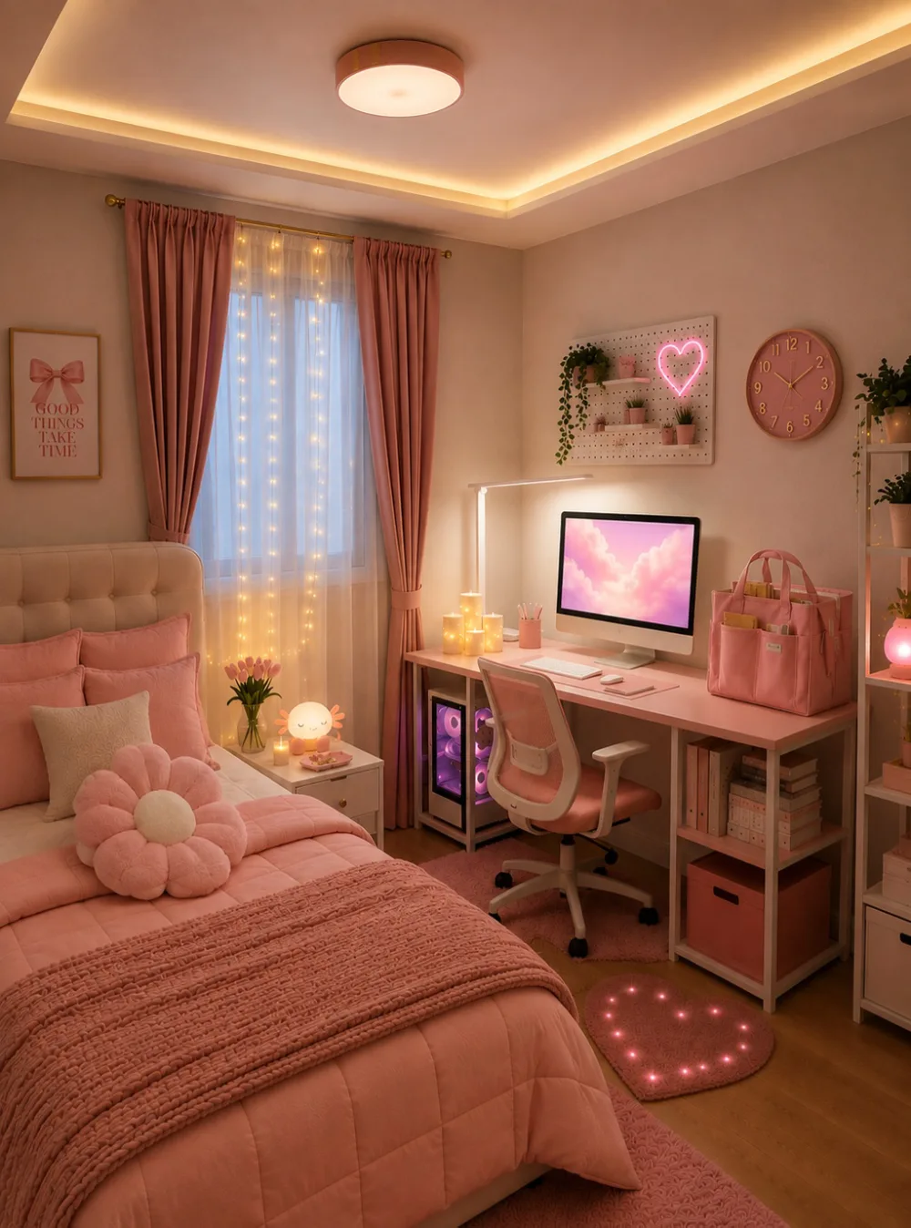 Cozy pink bedroom with rose-colored bedding, a matching computer desk, pink curtains, fairy lights, and playful decorative accents