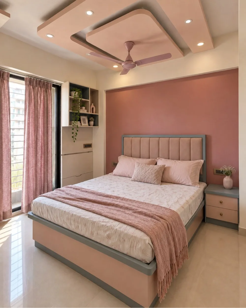 Modern bedroom with a dusty pink accent wall, blush upholstered bed, gray trim, neutral bedding, and matching pink curtains