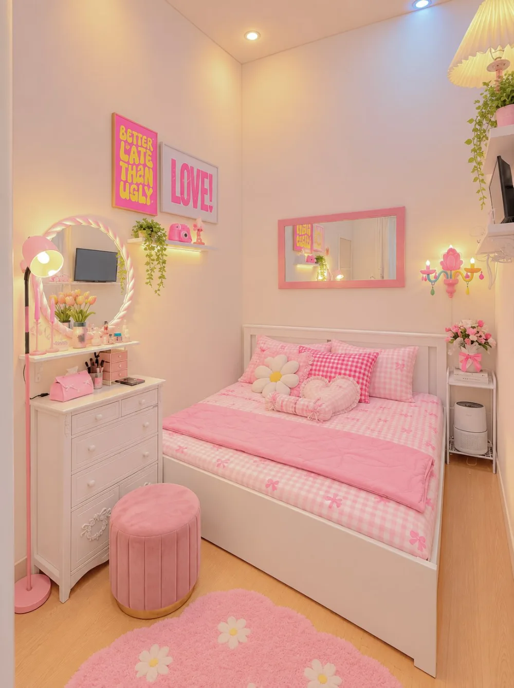 Cute pink bedroom with gingham bedding, flower-shaped pillows, a white dresser, pink vanity accessories, and a daisy rug