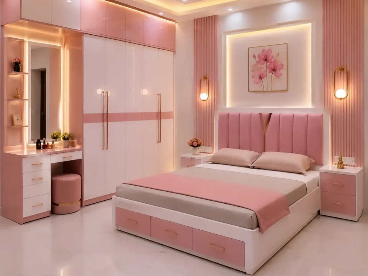 Pink and white bedroom with a blush upholstered bed, built-in wardrobe, matching vanity, gold accents, and warm LED lighting.