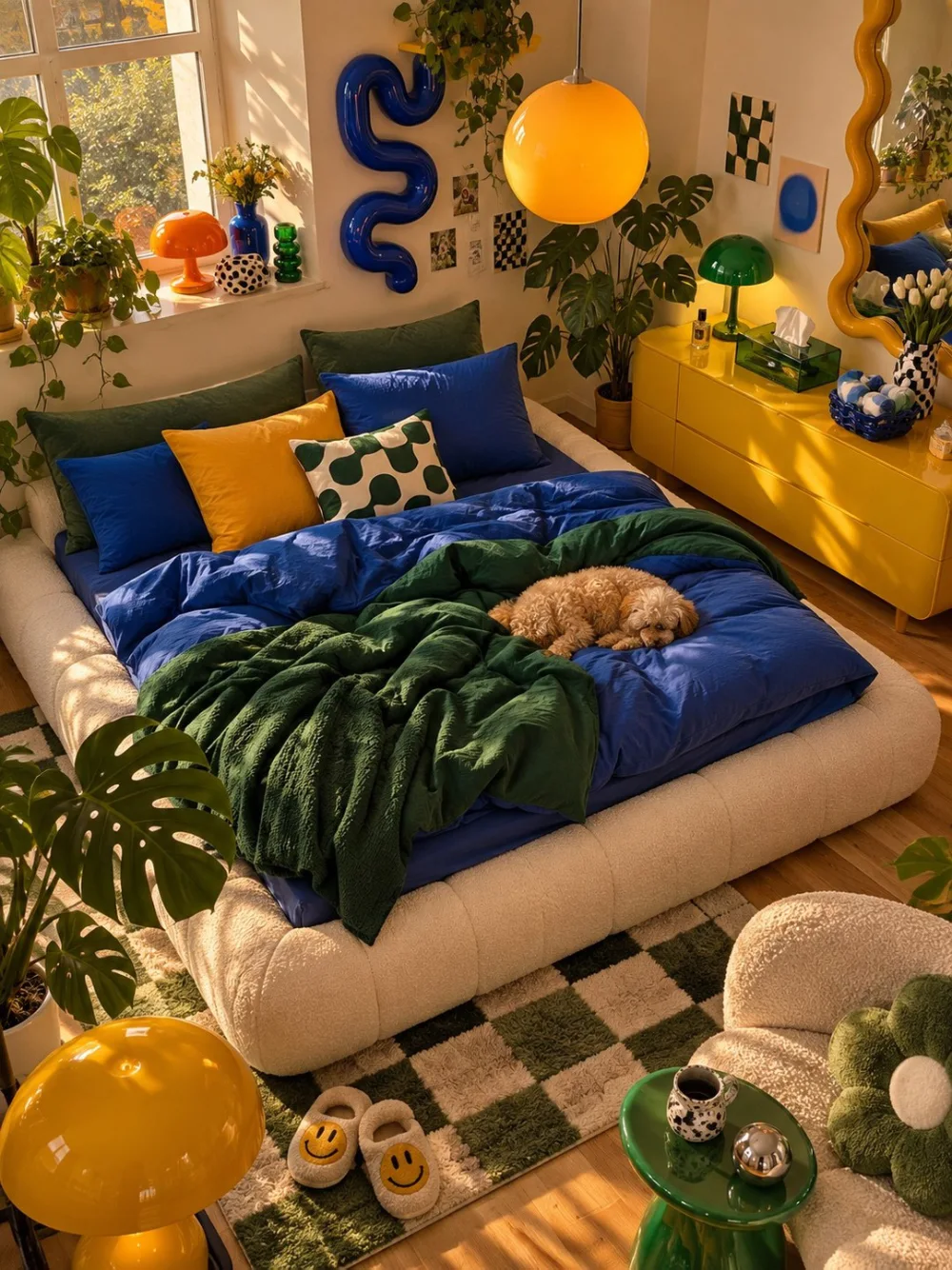 Colorful bedroom featuring royal blue bedding, forest green blankets, sunny yellow lighting, playful wall art, and vibrant pillows