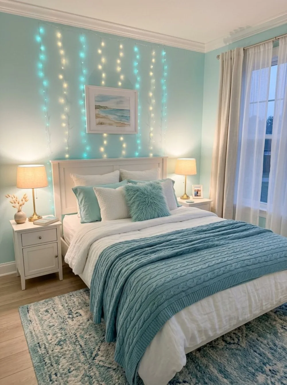 Dreamy turquoise bedroom with aqua walls, white furniture, a textured teal knit blanket, turquoise accent pillows, glowing fairy lights, and sheer curtains.