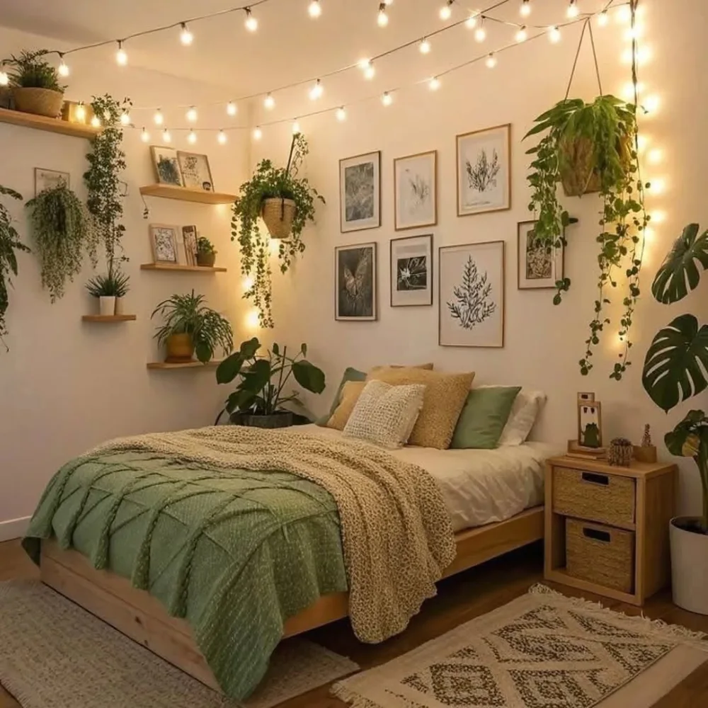 Cozy boho bedroom with green bedding, hanging plants, warm string lights, wooden furniture, and botanical wall art