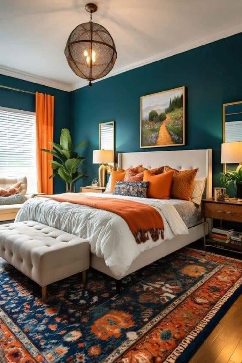 Bedroom with deep teal walls, orange curtains and pillows, a cream upholstered bed, and a colorful patterned rug