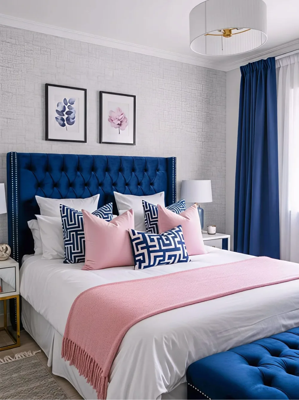 Elegant bedroom with a royal blue tufted headboard, blush pink throw blanket and pillows, white bedding, and blue curtains