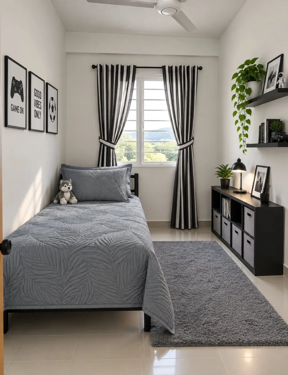 Compact bedroom with gray quilted bedding, black furniture, striped curtains, floating display shelves, framed sports prints, and a soft gray area rug.