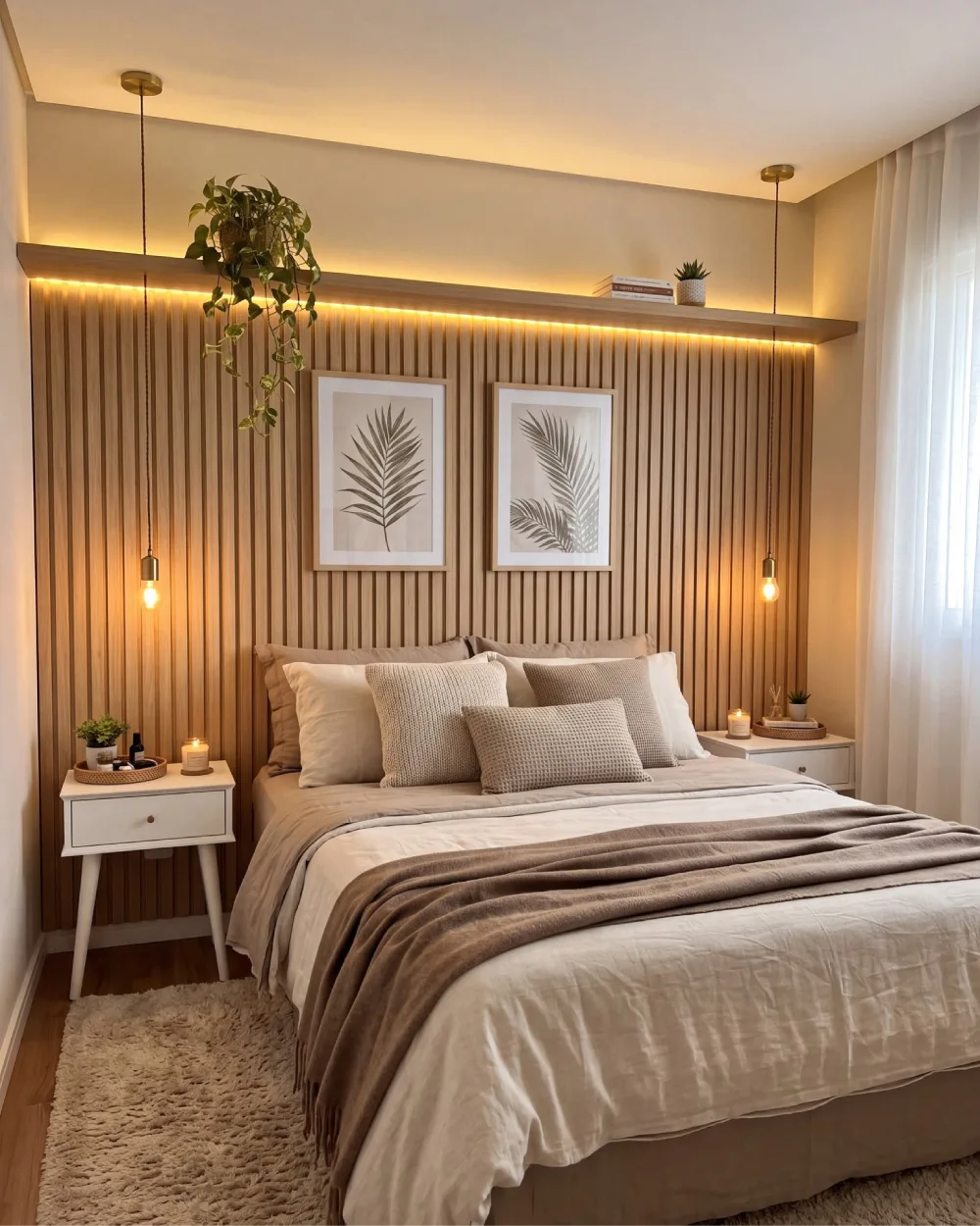 Warm modern bedroom with a vertical wood slat accent wall, beige layered bedding, botanical prints, pendant lights, and soft warm LED lighting.