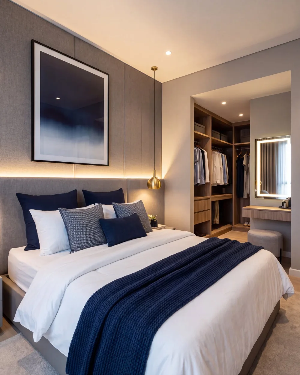 Modern bedroom with navy blue accent pillows, white bedding, a dark blue knit throw, gray upholstered walls, warm pendant lighting, and a walk-in closet.